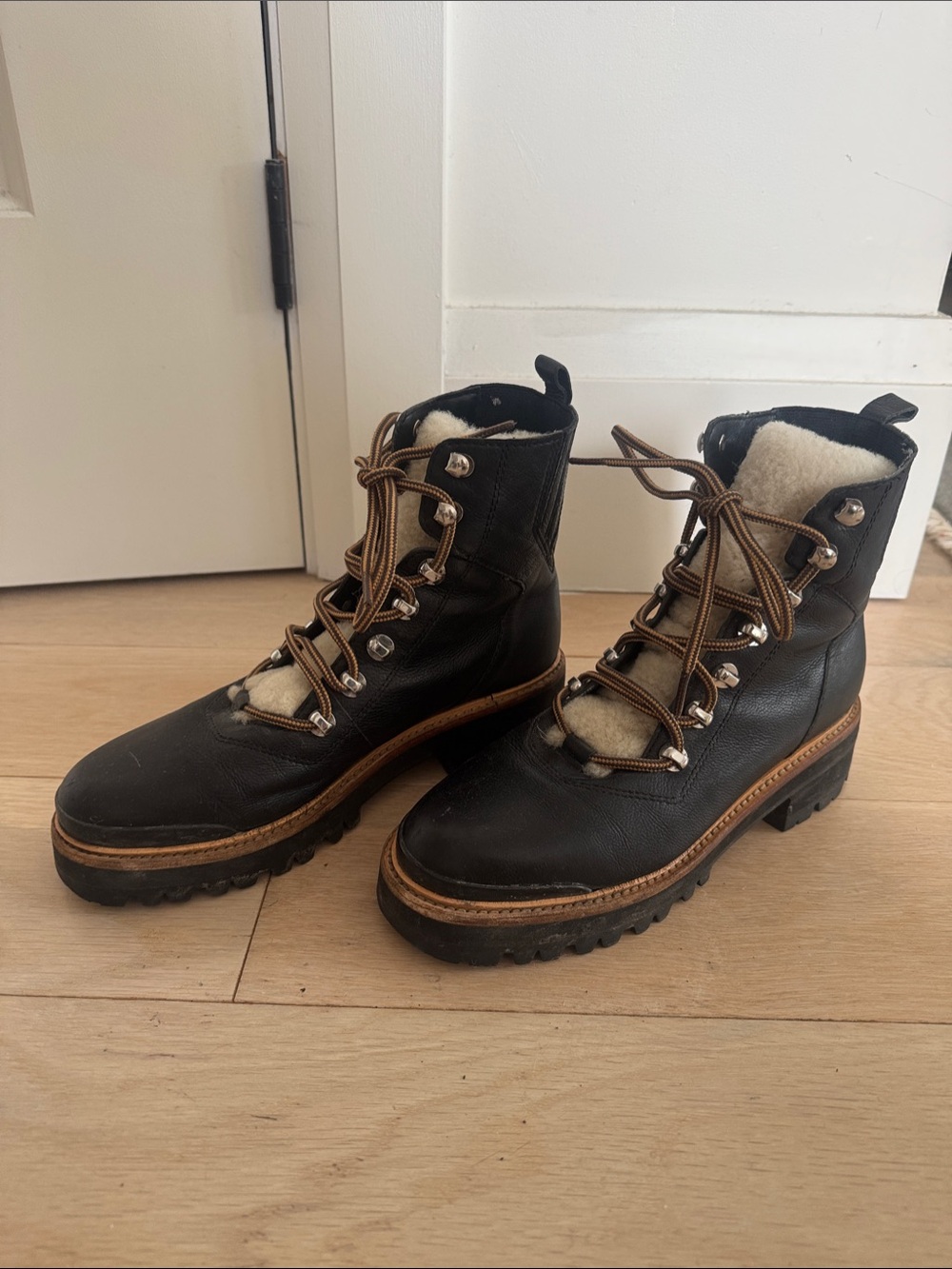 Marc Fisher Black Leather Lace-Up Lug Boots with Tan Trim